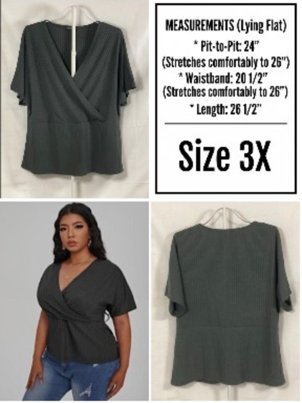 Plus Size 3X SHEIN Curve Clasi Fall Autumn Gray Stripe Surplice Wrap Top 22 24